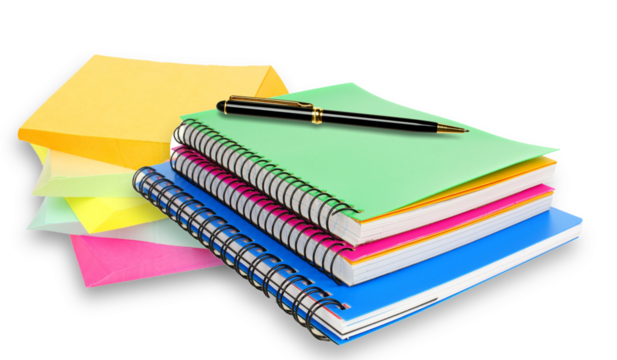 notebooks and sticky notes with pen isolated on white background