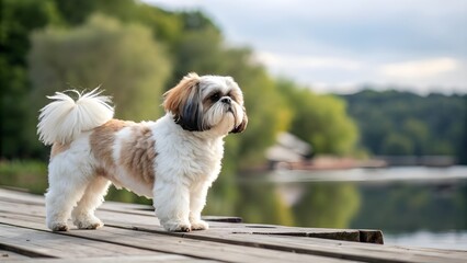 Adorable Shih Tzu Dog Standing on Wooden Dock by Lake with Scenic Nature Background