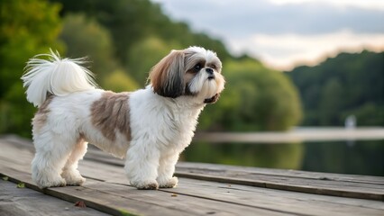 Adorable Shih Tzu Dog Standing on Wooden Dock by Lake with Scenic Nature Background