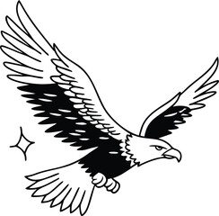 Obraz premium Majestic bald eagle soaring through the sky with wings wide open in black and white illustration