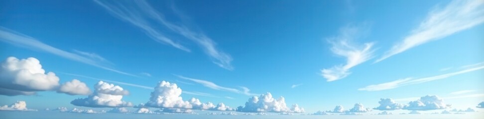 Vast, serene panoramic blue sky; wispy, scattered clouds , clouds, panoramic, background