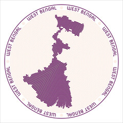 West Bengal round logo design. State shape build of rings. West Bengal text around the state. Vector Illustration.