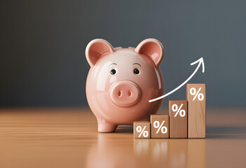 A pink piggy bank placed on a wooden table with rising wooden block bars marked with percentage signs and an upward arrow symbolizing increasing savings or interest rates