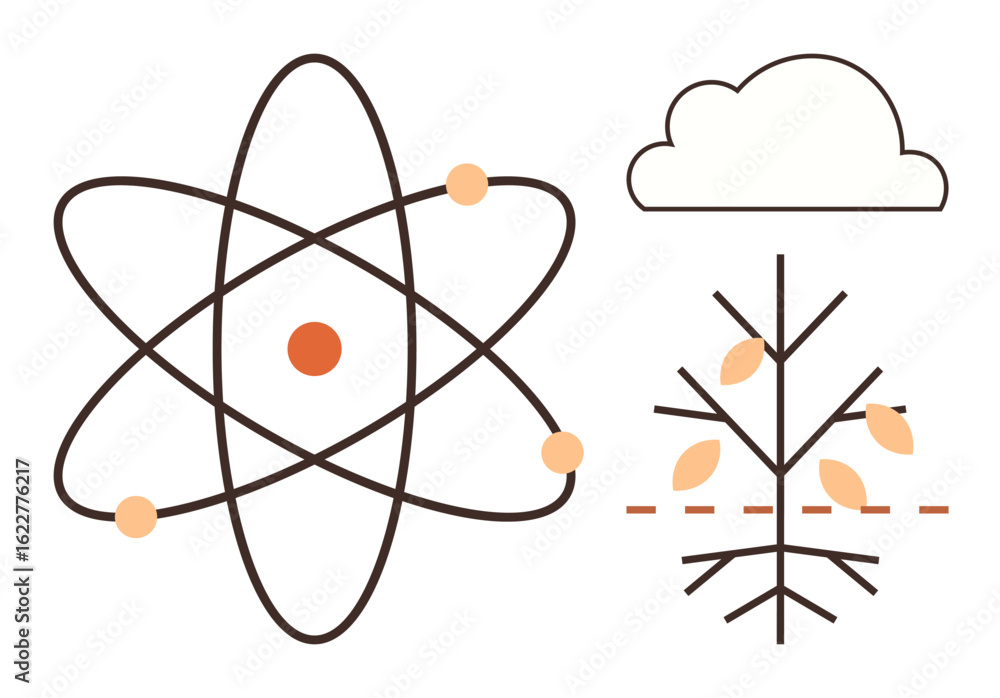 Aufkleber atomic structure with orbiting particles, minimalistic plant design showing growth, and a cloud. ide