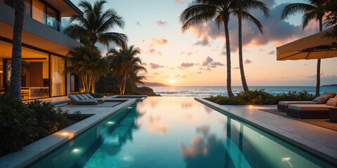 Luxury resort beachfront villa High-end travel and real estate concept Stunning modern beach house with infinity pool overlooking pristine ocean