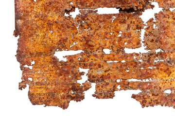 Close up of old piece of rusty iron isolated on white background. Rusty metal surface. Very old...