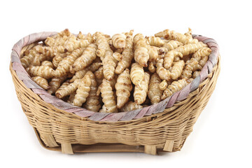 Gourmet bullock and manna showcase in a rustic basket on a white background, highlighting unique...