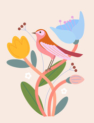 A bird sits on branches with flowers on a beige background