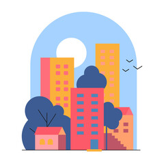 Cityscape with bright multi-story buildings and a full moon in the sky