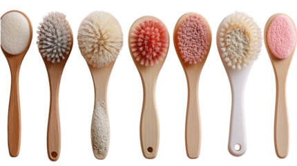 Realistic front-facing arrangement of assorted wooden and silicone bath brushes in neutral and pastel tones. Transparent PNG. ideal for eco-conscious hygiene product presentations