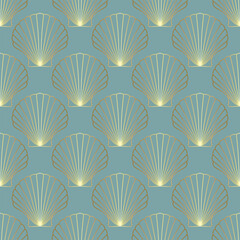 Seamless vector pattern with golden gradient seashells on light blue background