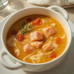 Delicious Creamy Salmon Soup with Cherry Tomatoes and Fresh Dill Garnish