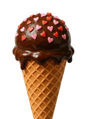 Delicious chocolate ice cream cone with heart sprinkles food bright isolated on transparent background, png