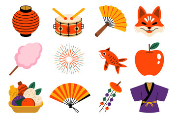 Japanese celebration icon collection, lantern drum fan kimono, festival sticker set, unique vector illustration for design
