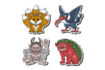 Fototapeta premium Japanese folklore creature sticker set, mythical animal icon collection, creative vector illustration for fantasy decor