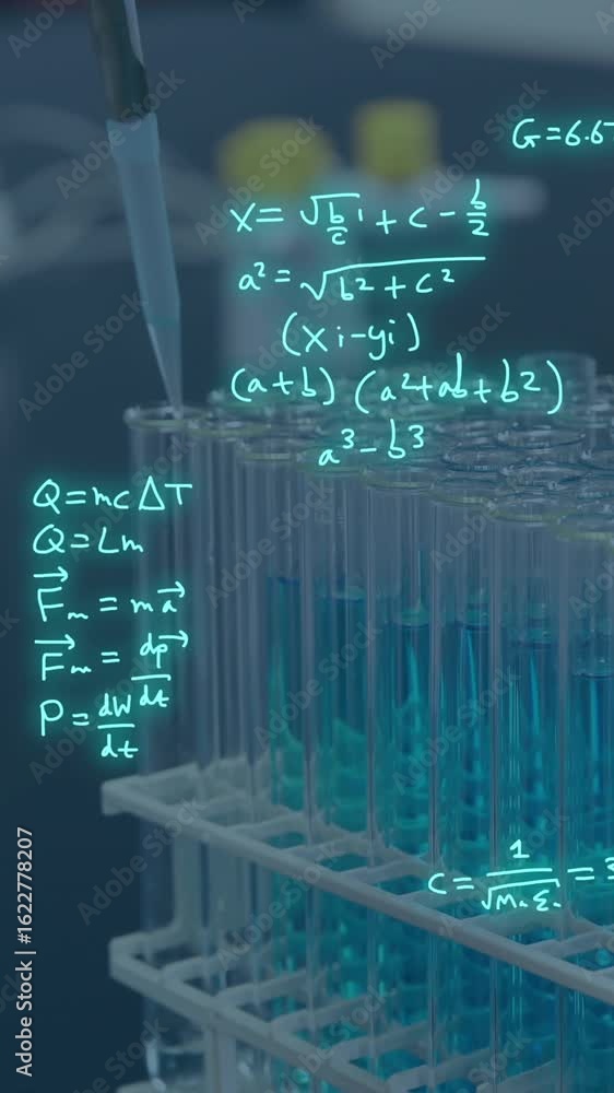 Aufkleber animation of scientific data processing over test tubes in laboratory