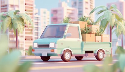 Pastel-toned pickup truck carrying boxes and plants on city street