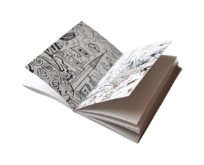 Artistic sketchbook open displaying creative illustrations environment isolated on transparent background, png