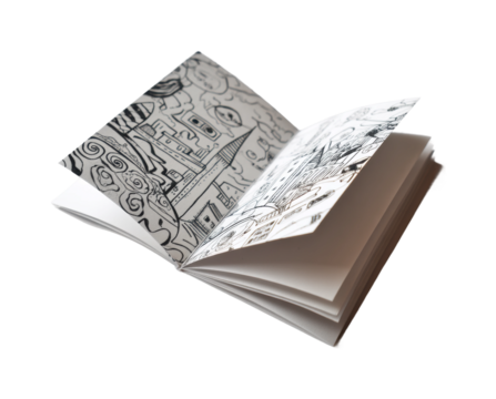 Artistic sketchbook open displaying creative illustrations environment isolated on transparent background, png - Powered by Adobe
