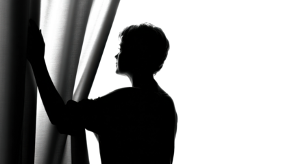 Contemplative moment indoors silhouette natural light side view reflection isolated on transparent background, png