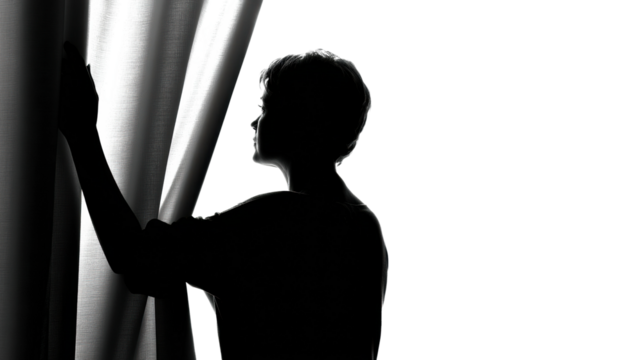 Contemplative moment indoors silhouette natural light side view reflection isolated on transparent background, png