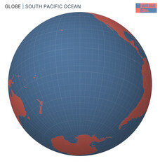 Vector Globe centered to South Pacific Ocean. Slate Blue Coral palette. World map with meridians, parallels, countries, rivers and lakes. Amazing vector illustration.