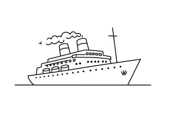 Fototapeta premium Cruise boat drawing. It is a black and white outline of a cruise boat or ship, a large passenger vessel for ocean travel. Vector sketch line art draw.
