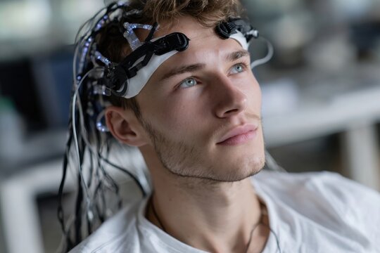 A young male participant undergoing a brainwave study with an EEG cap in a modern lab setup, demonstrating technology's role in mental health research. - Powered by Adobe