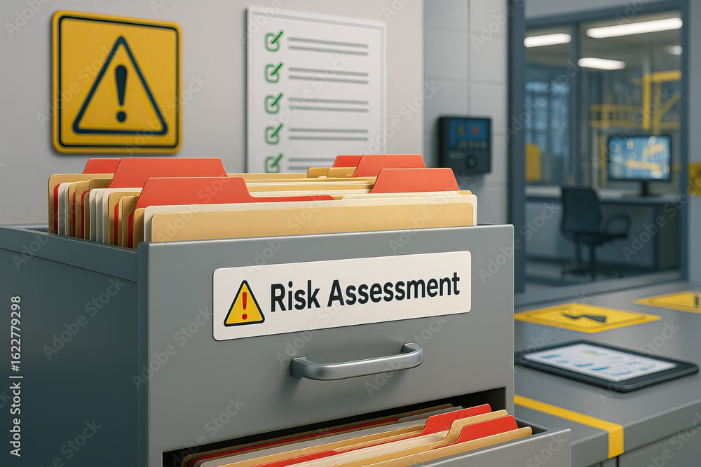Poster risk assessment folder in gray filing cabinet with red tabs in office environment showing safety sig