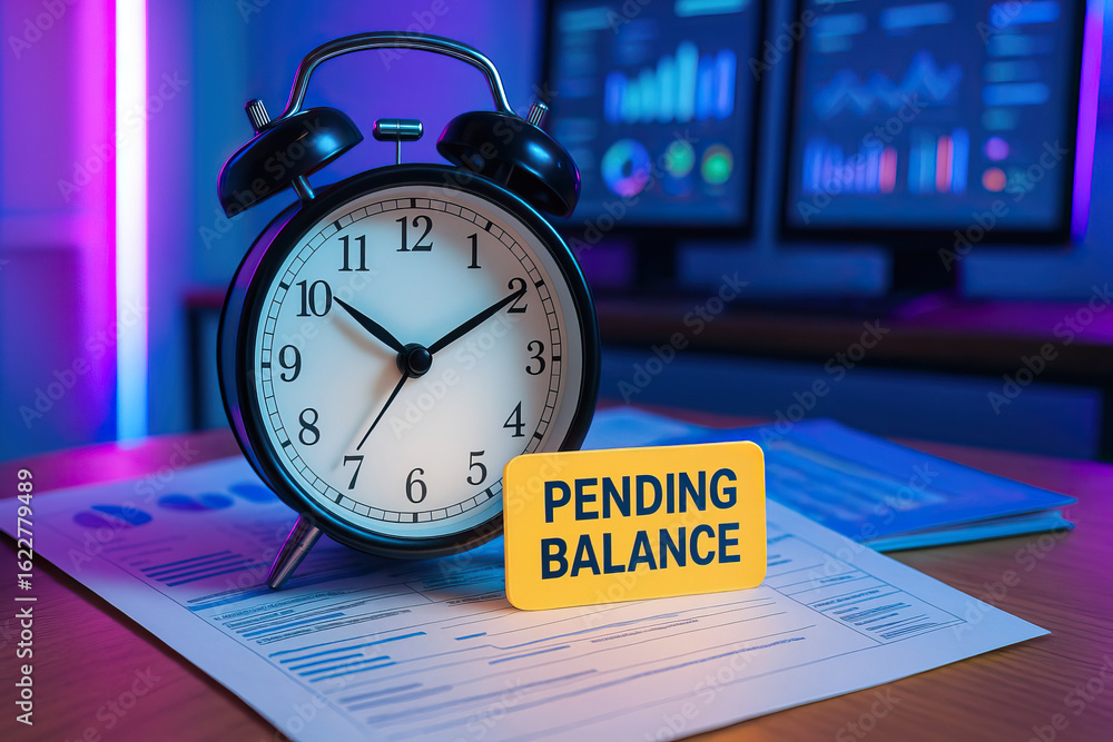 Poster pending balance concept with alarm clock and financial document on desk, illuminated by colorful off