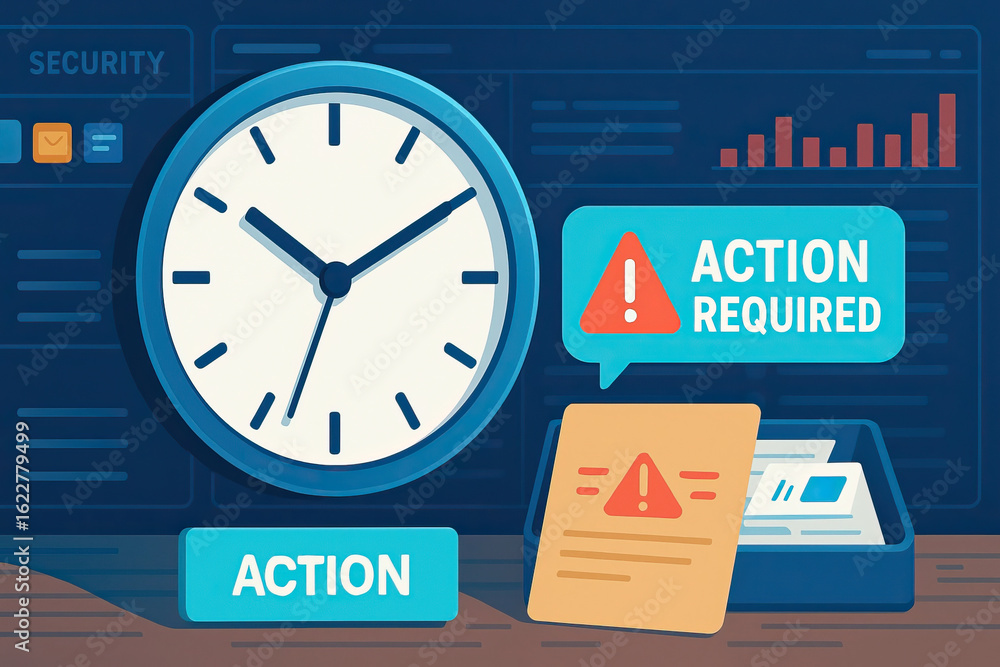 Poster urgent action required concept with clock, warning signs, and documents on desk, symbolizing time se