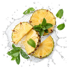 Fresh pineapple slices splashing in white liquid with mint leaves isolated on transparent background