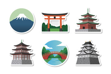 Japan travel icon pack, castle pagoda torii mountain, sightseeing sticker collection, creative vector illustration for adventure