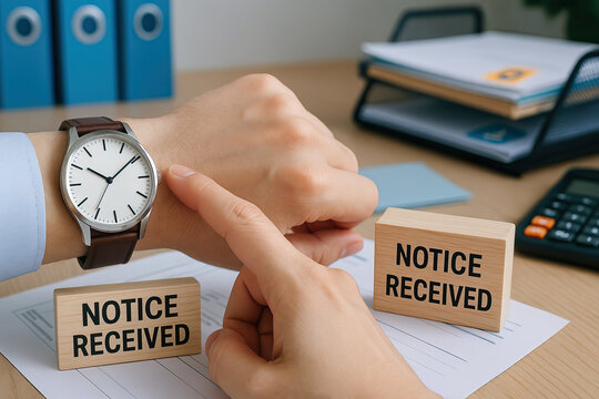 Time management wristwatch office desk paperwork notice received business concept hand gesture calculator document organizer blue file folder punctuality leather strap white dial person checking