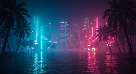 Cyberpunk Cityscape with Neon Lights and Palm Trees at Night