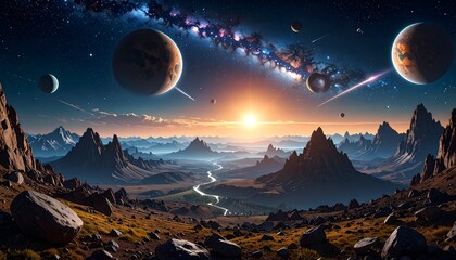 Vast cosmic vista, planet view peaks