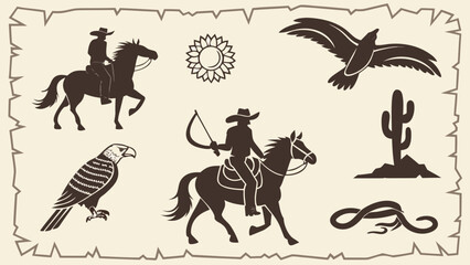 Fototapeta premium Western cowboy and wildlife silhouette collection