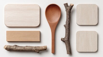 Wooden kitchenware and twigs on white