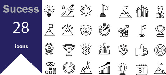 Success Icon Set. Containing trophy, achievement, goal, vision, leadership, growth, excellence, motivation, awards, progress and more. Editable line icons. Vector illustration