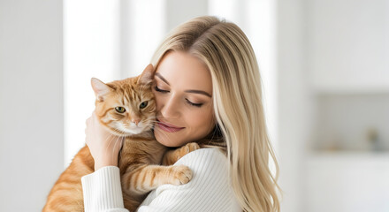 Woman cuddling ginger cat indoor comfort pet love