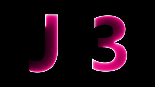 Glowing neon letter J 3 , glowing neon font, J 3 alphabet symbol . Seamless looping alphabet animation on black background.