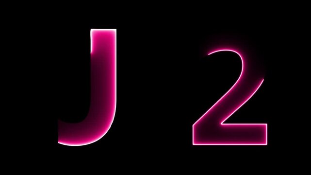 Glowing neon letter J 2 , glowing neon font, J 2 alphabet symbol . Seamless looping alphabet animation on black background.