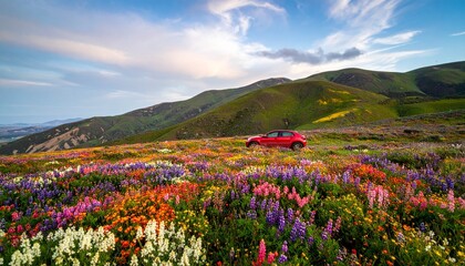 Obraz premium Scenic travel scene with red car in the middle of a spring flower meadow, cinematic view with soft focus flowers and expansive sky