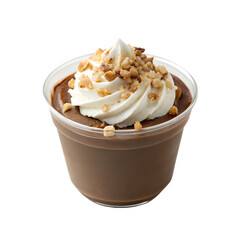 Hazelnut chocolate pudding in a small dessert cup, topped with chopped hazelnuts and whipped cream, rich and nutty