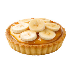Mini tartlet with banana custard filling and caramel glaze, topped with banana slices, golden crust