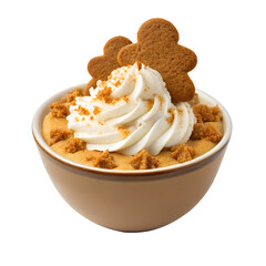 Spiced gingerbread custard pudding in a small bowl, garnished with ginger cookie crumbles and whipped cream, festive and warm