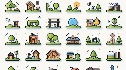 Vector house and building icons set with trees, people, and cars