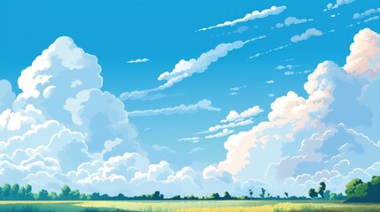 Green field under a blue summer sky with clouds