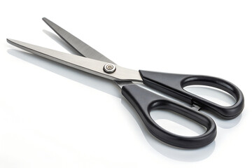 Open Stainless Steel Scissors with Black Plastic Handles on White Surface