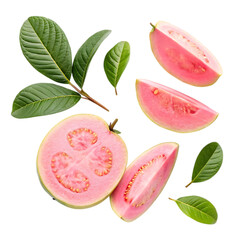 Fresh pink guava slices and leaves isolated on transparent background